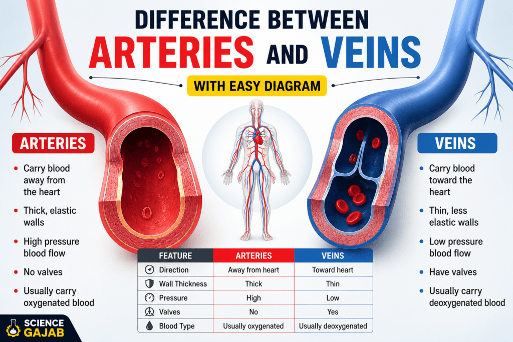Difference between arteries and veins explained with easy diagram showing blood flow, wall thickness, valves, pressure, and oxygenated blood circulation in the human body.