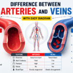 Difference between arteries and veins explained with easy diagram showing blood flow, wall thickness, valves, pressure, and oxygenated blood circulation in the human body.