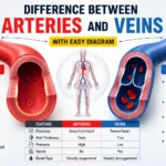 Difference between arteries and veins explained with easy diagram showing blood flow, wall thickness, valves, pressure, and oxygenated blood circulation in the human body.