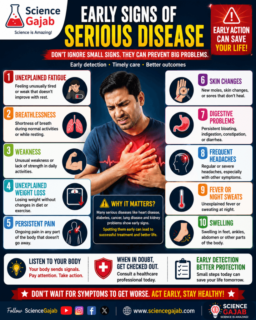 Medical infographic showing early signs of serious disease with a man experiencing chest discomfort in the center. Includes symptoms like unexplained fatigue, breathlessness, weakness, unexplained weight loss, persistent pain, skin changes, digestive problems, frequent headaches, fever, night sweats, and swelling.