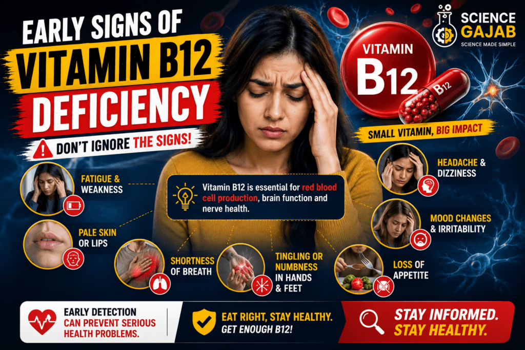 Woman experiencing fatigue and headache with medical illustrations showing early signs of Vitamin B12 deficiency including dizziness, pale lips, numbness, shortness of breath, mood changes, and loss of appetite