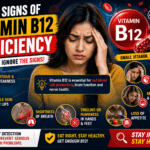 Woman experiencing fatigue and headache with medical illustrations showing early signs of Vitamin B12 deficiency including dizziness, pale lips, numbness, shortness of breath, mood changes, and loss of appetite