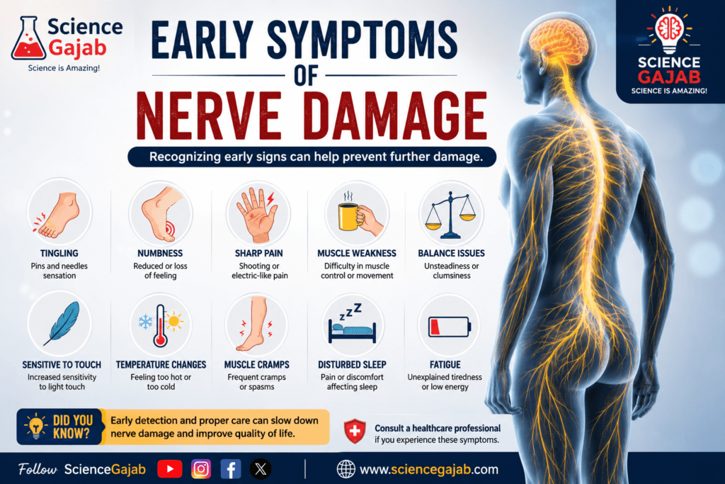 Infographic showing early symptoms of nerve damage with a glowing human nervous system illustration and medical icons for tingling, numbness, sharp pain, muscle weakness, balance issues, temperature sensitivity, muscle cramps, disturbed sleep, and fatigue. ScienceGajab branding and healthcare awareness design included.