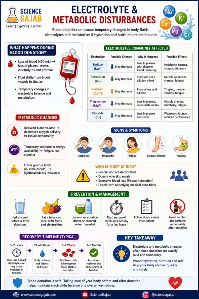 Infographic on electrolyte and metabolic disturbances after blood donation showing changes in sodium, potassium, calcium, magnesium and chloride levels, symptoms like dizziness and fatigue, risk factors, prevention tips, and recovery timeline, with ScienceGajab branding.