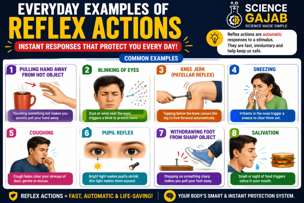 Infographic showing everyday examples of reflex actions including pulling hand away from a hot object, blinking, sneezing, coughing, knee jerk reflex, pupil reflex, withdrawing foot from a sharp object, and salivation