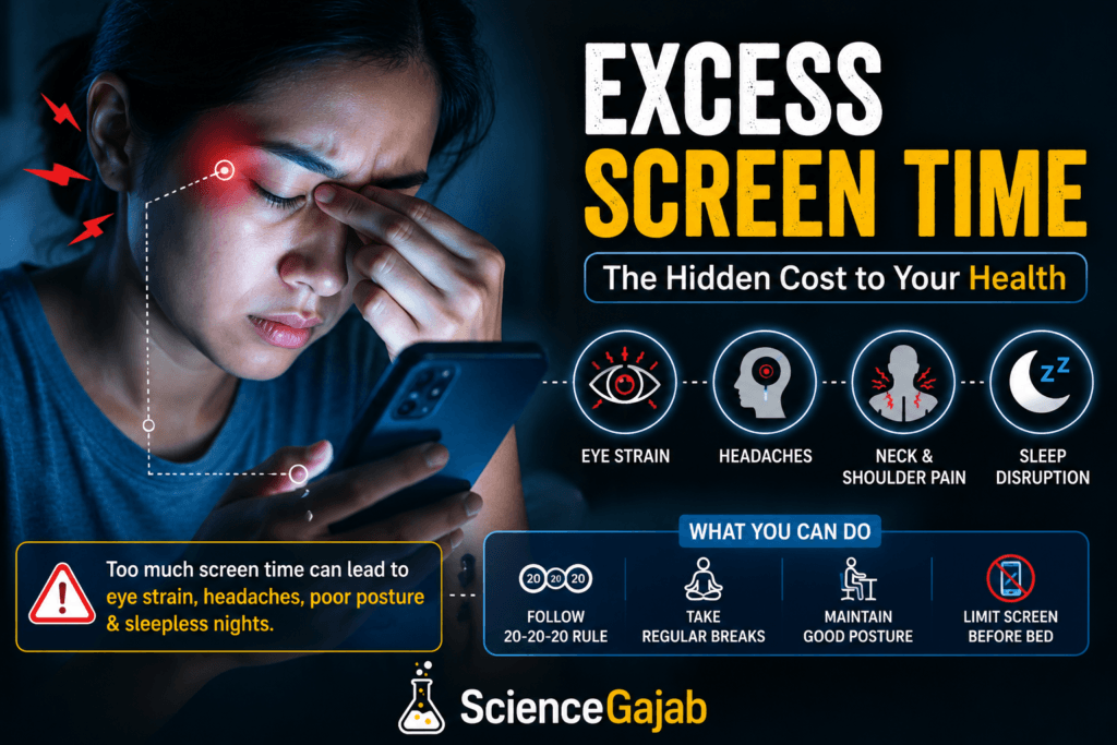Young woman using a smartphone at night while experiencing eye strain and headache from excessive screen time, with health icons showing sleep disruption, neck pain, and digital eye fatigue