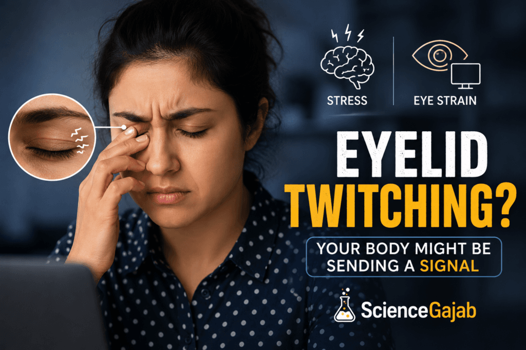 Close-up of a stressed woman rubbing her eye while experiencing eyelid twitching, with visual highlights showing eye strain and stress symptoms, designed as a health awareness
