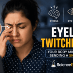 Close-up of a stressed woman rubbing her eye while experiencing eyelid twitching, with visual highlights showing eye strain and stress symptoms, designed as a health awareness