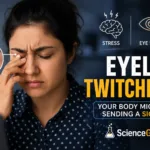 Close-up of a stressed woman rubbing her eye while experiencing eyelid twitching, with visual highlights showing eye strain and stress symptoms, designed as a health awareness
