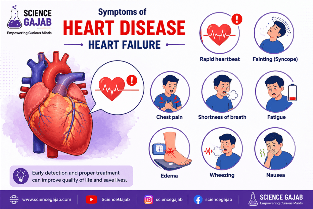 Medical infographic by ScienceGajab showing symptoms of heart disease and heart failure, including rapid heartbeat, fainting, chest pain, shortness of breath, fatigue, edema, wheezing, and nausea, with a large heart illustration and colorful symptom icons on a clean white background