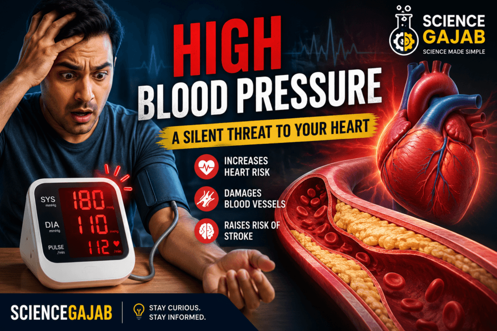 Man checking suddenly high blood pressure with digital BP monitor alongside detailed heart and blocked artery medical illustration, featuring warning signs of hypertension