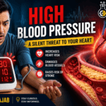 Man checking suddenly high blood pressure with digital BP monitor alongside detailed heart and blocked artery medical illustration, featuring warning signs of hypertension