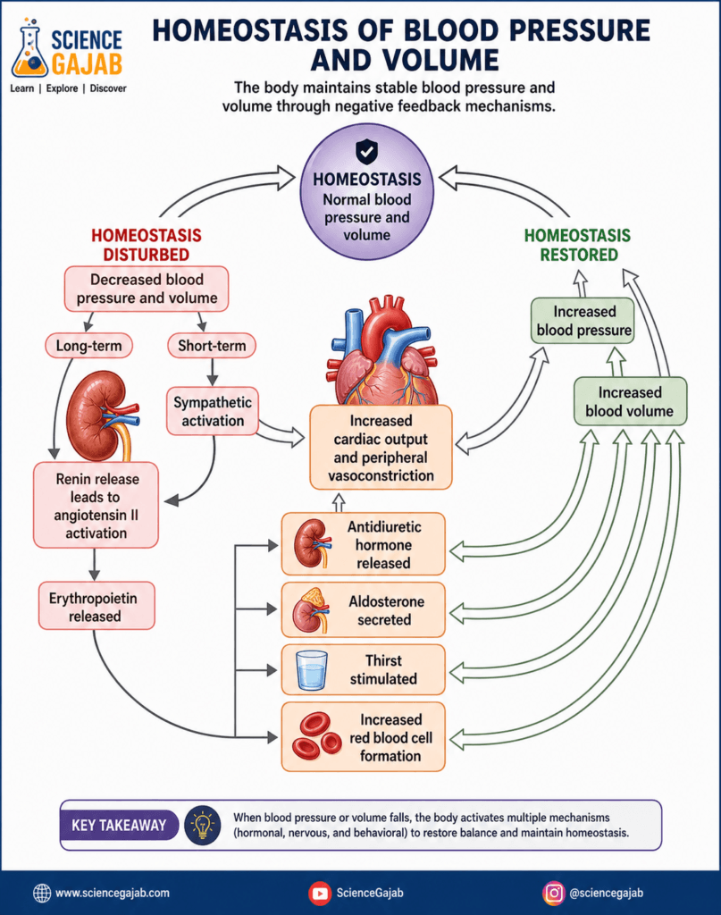 Infographic of blood pressure and volume homeostasis showing negative feedback mechanisms, including sympathetic activation, renin-angiotensin system, ADH and aldosterone release, thirst stimulation, and increased red blood cell production restoring normal blood pressure and volume, with ScienceGajab branding.