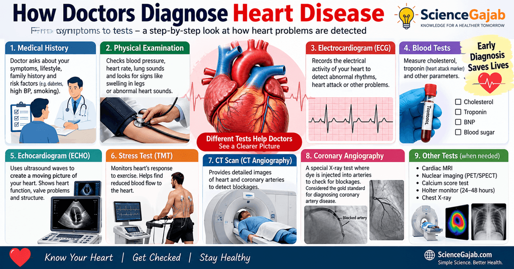 How doctors diagnose heart disease using medical history, physical examination, ECG, blood tests, echocardiogram, stress test, CT scan, coronary angiography, and other cardiac tests.