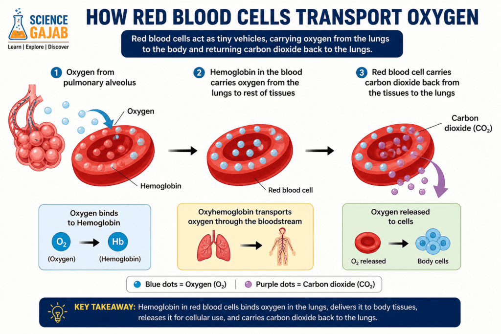 Infographic showing how red blood cells transport oxygen and carbon dioxide, including oxygen binding to hemoglobin in lungs, delivery to body tissues, oxygen release to cells, and return of carbon dioxide to lungs, with labeled diagrams and ScienceGajab branding.