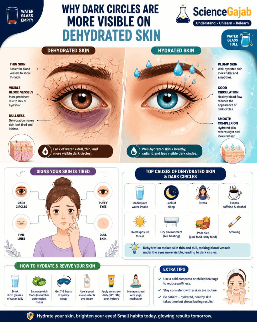 Infographic comparing dehydrated skin and hydrated skin around the eyes, showing how dehydration makes dark circles more visible, with detailed eye illustrations, tired skin signs, hydration tips, and lifestyle causes like poor sleep, stress, caffeine, and low water intake