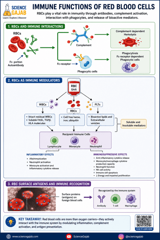 Infographic showing immune functions of red blood cells, including complement-mediated hemolysis, Fc receptor–dependent phagocytosis, immune modulation via bioactive mediators, and recognition of RBC surface antigens by antibodies and immune cells, with ScienceGajab branding.