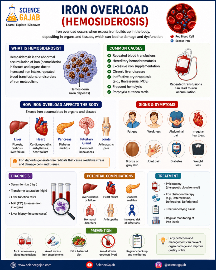 Infographic on iron overload (hemosiderosis) showing excess iron deposition in organs, causes like repeated transfusions and genetic disorders, symptoms such as fatigue and abdominal pain, complications including liver cirrhosis and heart disease, and treatment options like phlebotomy and iron chelation, with ScienceGajab branding.