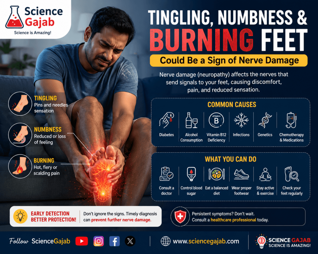 Man holding painful burning feet with glowing nerve pain effect, illustrating tingling, numbness, and neuropathy symptoms. Medical infographic includes causes of nerve damage, prevention tips, and ScienceGajab branding with healthcare awareness design.