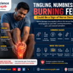 Man holding painful burning feet with glowing nerve pain effect, illustrating tingling, numbness, and neuropathy symptoms. Medical infographic includes causes of nerve damage, prevention tips, and ScienceGajab branding with healthcare awareness design.
