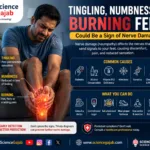 Man holding painful burning feet with glowing nerve pain effect, illustrating tingling, numbness, and neuropathy symptoms. Medical infographic includes causes of nerve damage, prevention tips, and ScienceGajab branding with healthcare awareness design.