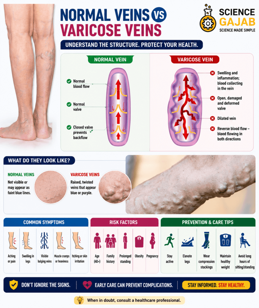Medical infographic comparing normal veins and varicose veins with detailed vein structure diagrams, swollen bulging leg veins, symptoms, risk factors, prevention tips,