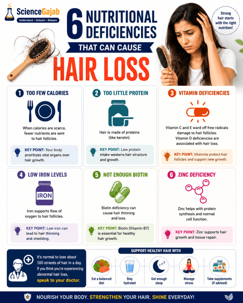 Educational infographic explaining six nutritional deficiencies that can cause hair loss, including low calories, low protein, vitamin deficiencies, low iron, biotin deficiency, and zinc deficiency, featuring a worried woman holding a hairbrush with visible hair fall