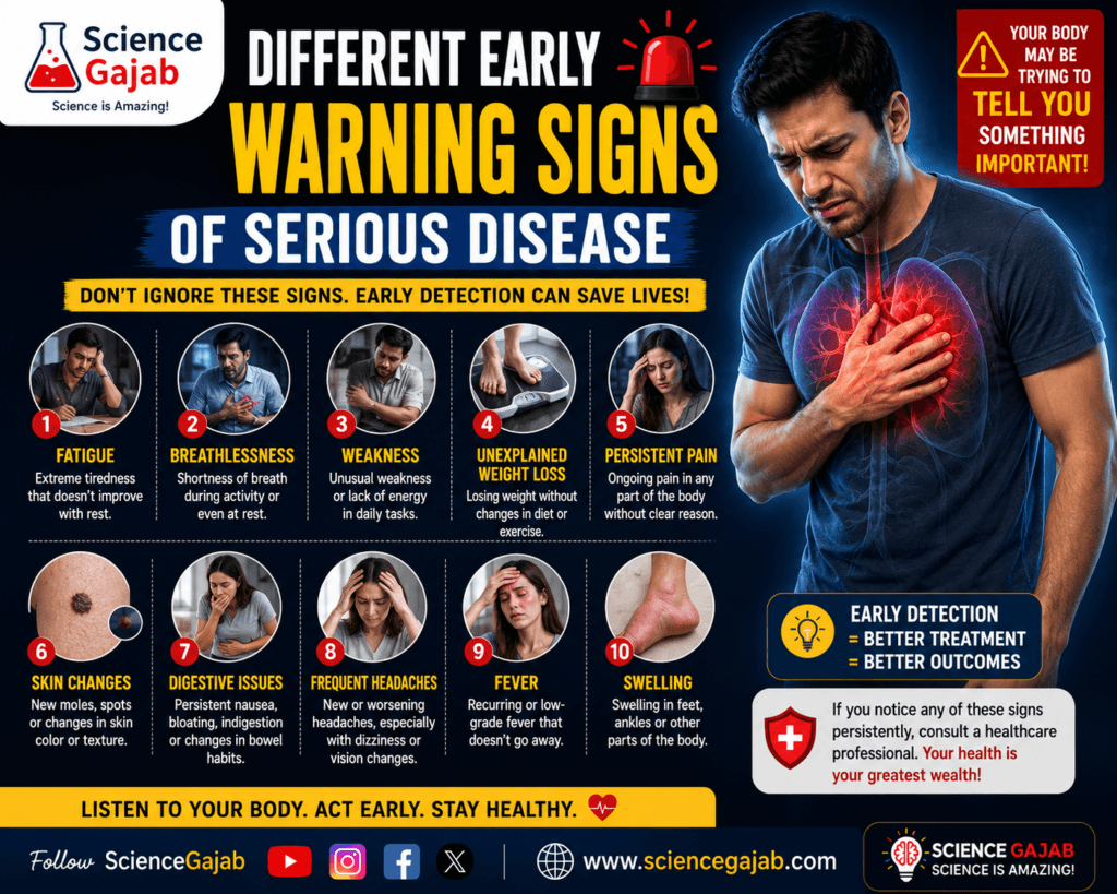 High-CTR medical infographic showing different early warning signs of serious disease, including fatigue, breathlessness, weakness, unexplained weight loss, persistent pain, skin changes, digestive issues, headaches, fever, and swelling. Features a man with chest discomfort, bold emergency-style design,