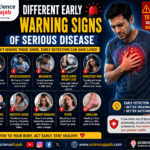 High-CTR medical infographic showing different early warning signs of serious disease, including fatigue, breathlessness, weakness, unexplained weight loss, persistent pain, skin changes, digestive issues, headaches, fever, and swelling. Features a man with chest discomfort, bold emergency-style design,