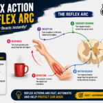 Educational diagram showing reflex action and reflex arc in the human nervous system with hand touching a hot object, spinal cord pathway, sensory neuron, motor neuron, and instant withdrawal response, featuring
