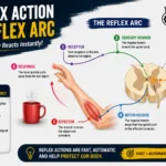 Educational diagram showing reflex action and reflex arc in the human nervous system with hand touching a hot object, spinal cord pathway, sensory neuron, motor neuron, and instant withdrawal response, featuring
