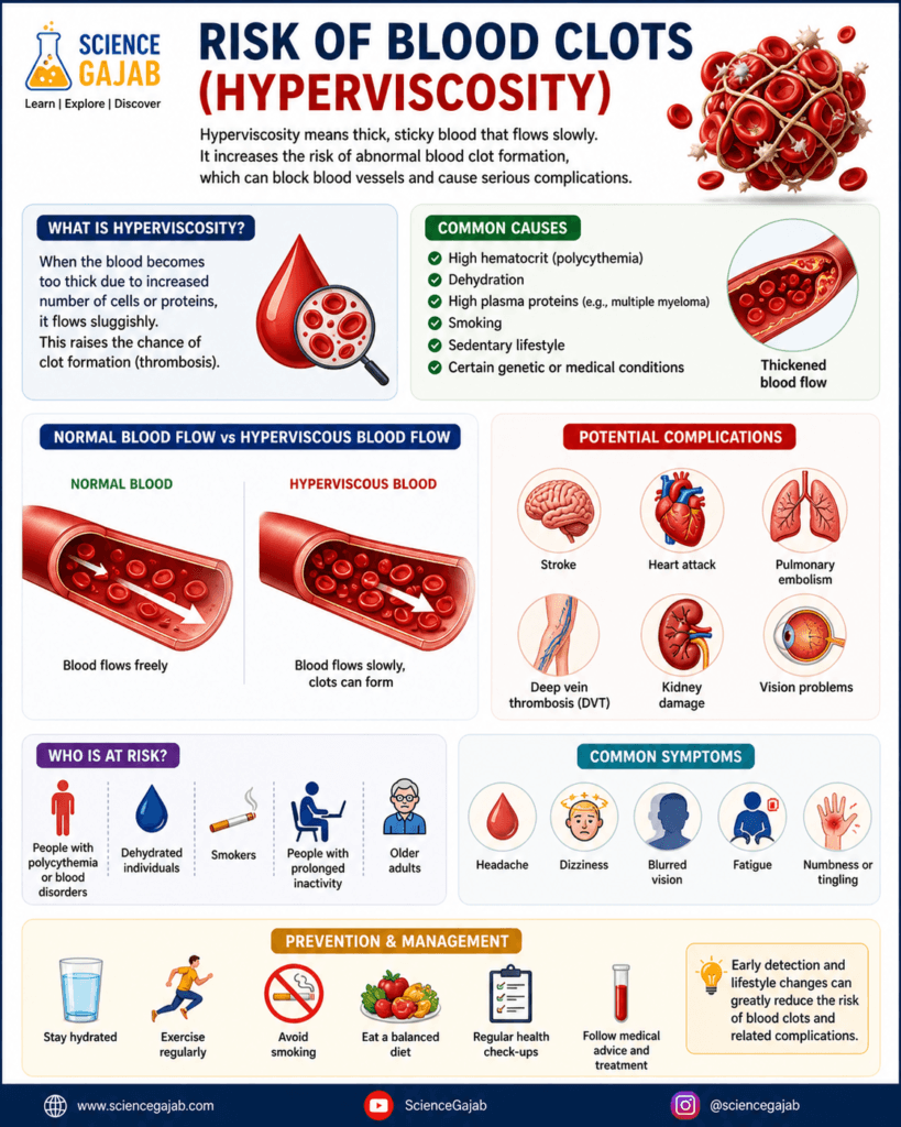 Infographic on risk of blood clots due to hyperviscosity showing thickened blood flow, causes like dehydration and high hematocrit, symptoms such as headache and dizziness, complications including stroke, heart attack and DVT, and prevention tips, with ScienceGajab branding.