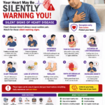 Medical infographic by ScienceGajab showing silent warning signs of heart disease, featuring a man with chest discomfort and fatigue, along with symptoms such as shortness of breath, dizziness, swelling, rapid heartbeat, sleep problems, anxiety, and loss of appetite, presented with colorful medical icons and heart health awareness tips
