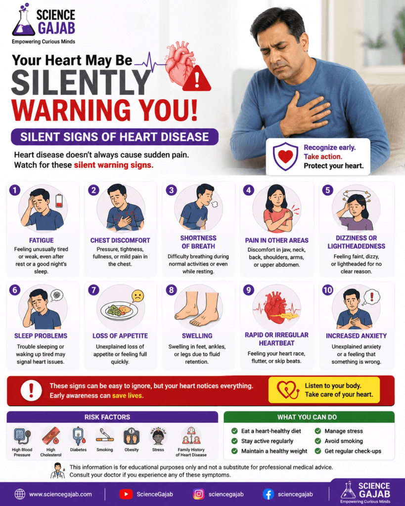 Medical infographic by ScienceGajab showing silent warning signs of heart disease, featuring a man with chest discomfort and fatigue, along with symptoms such as shortness of breath, dizziness, swelling, rapid heartbeat, sleep problems, anxiety, and loss of appetite, presented with colorful medical icons and heart health awareness tips