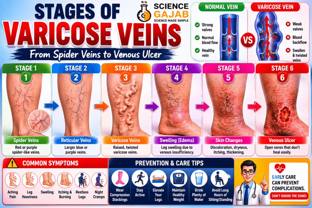 Medical infographic showing the stages of varicose veins progression from spider veins and reticular veins to severe venous ulcer, with detailed leg illustrations, vein diagrams, skin changes, swelling, healed ulcer stage, prevention tips,
