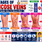 Medical infographic showing the stages of varicose veins progression from spider veins and reticular veins to severe venous ulcer, with detailed leg illustrations, vein diagrams, skin changes, swelling, healed ulcer stage, prevention tips,