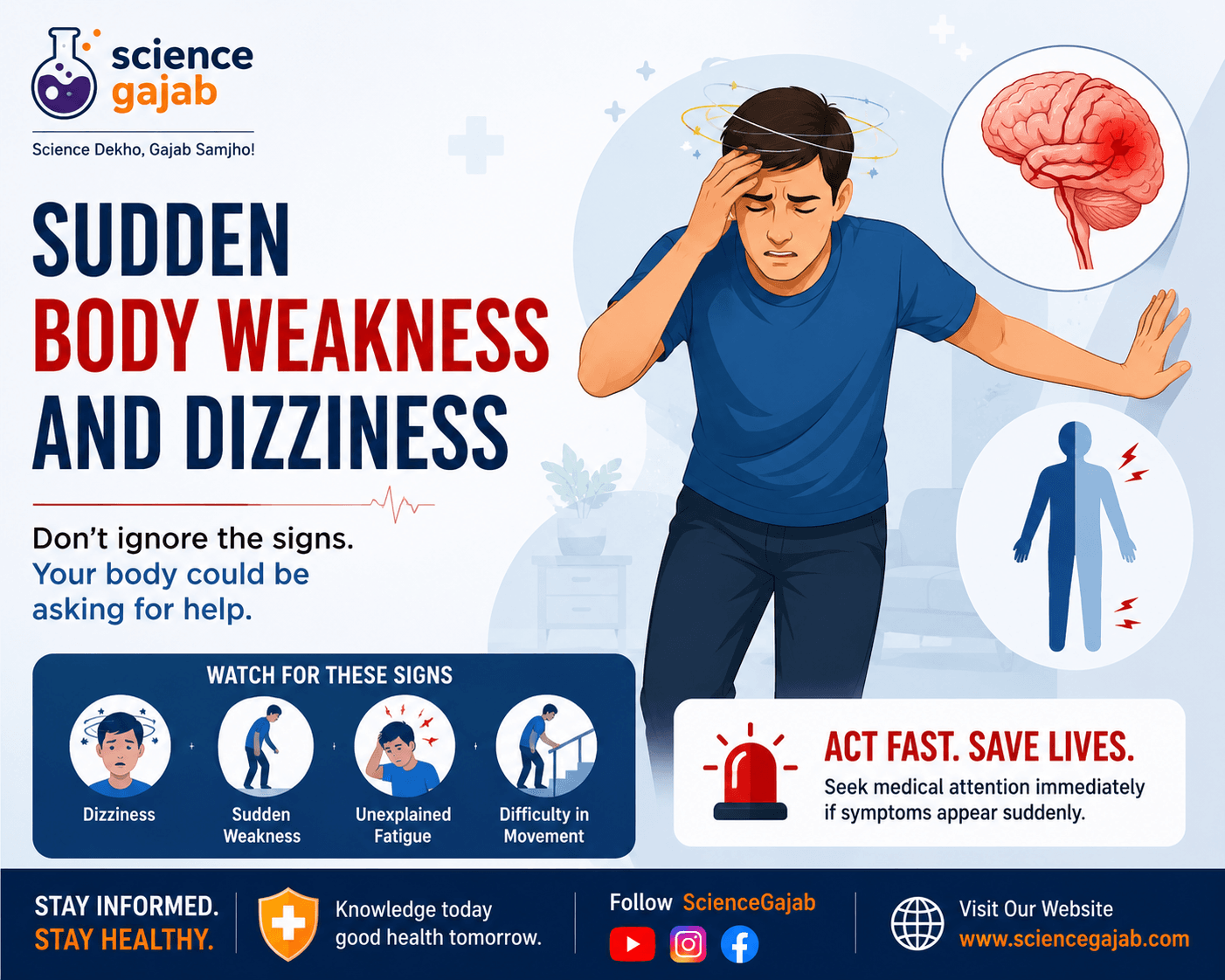 Person experiencing sudden body weakness and dizziness with medical illustration