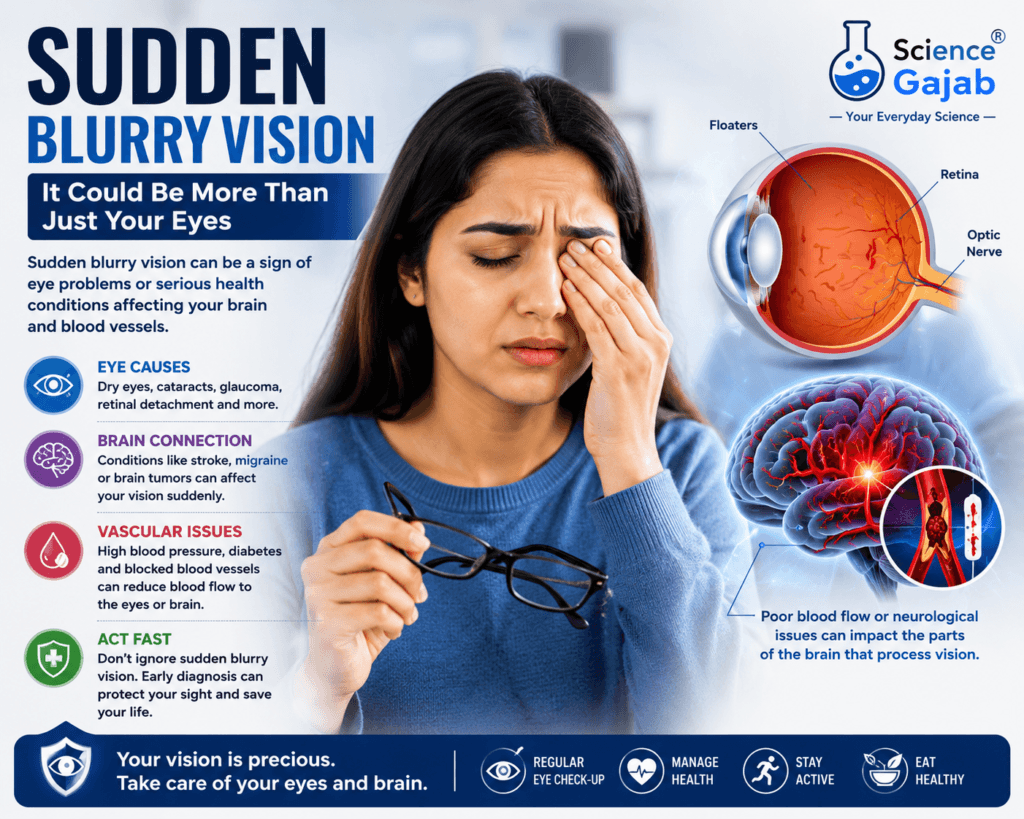 Person experiencing sudden blurry vision with eye and brain health illustration