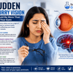 Person experiencing sudden blurry vision with eye and brain health illustration