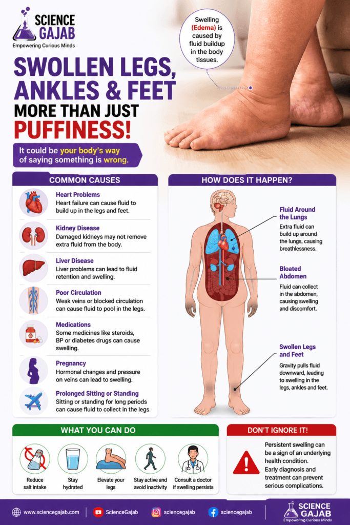 Educational medical infographic by ScienceGajab showing swollen legs, ankles, and feet caused by edema, with a large photo of swollen feet, human body illustration explaining fluid buildup, and common causes including heart problems, kidney disease, liver disease, poor circulation, medications, pregnancy, and prolonged sitting or standing