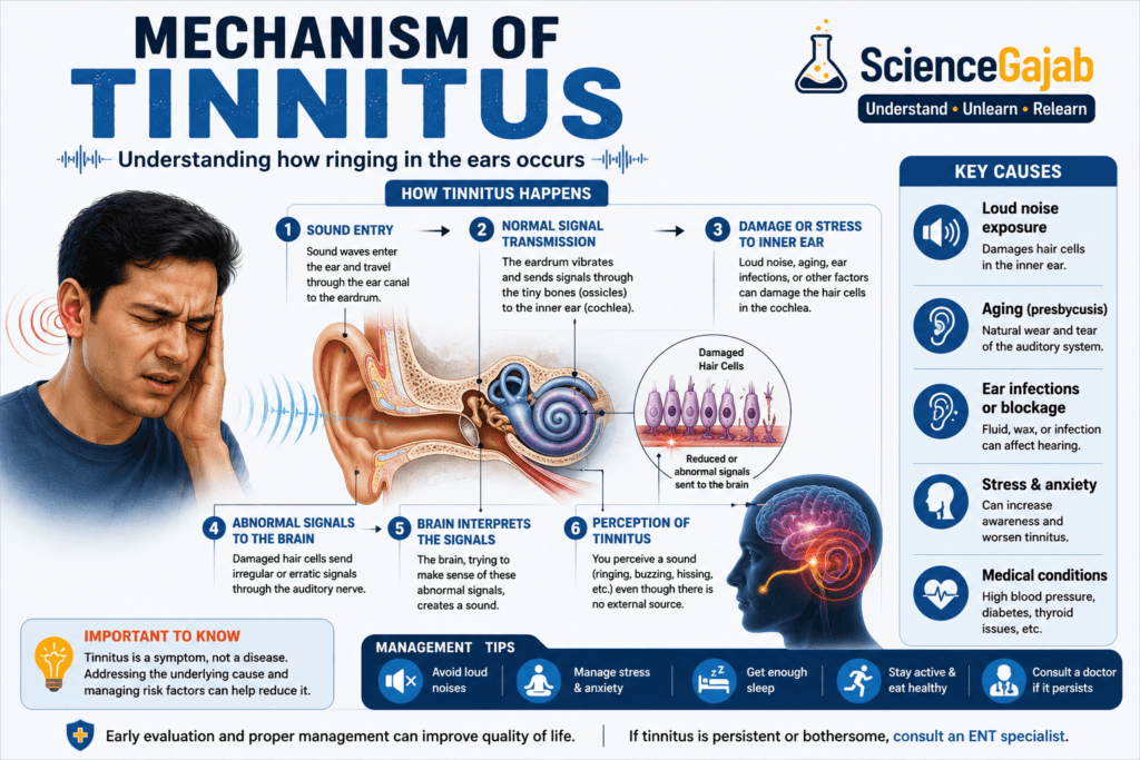 Educational infographic explaining the mechanism of tinnitus, showing how sound signals travel through the ear and brain, with detailed ear anatomy, damaged hair cells, ringing sensation pathways, and common causes like loud noise, aging, infections, stress, and medical conditions