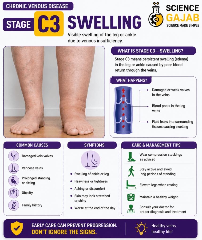 Medical infographic showing Chronic Venous Disease Stage C3 with swollen leg and ankle due to venous insufficiency, including symptoms, causes, vein valve damage diagram, care tips,