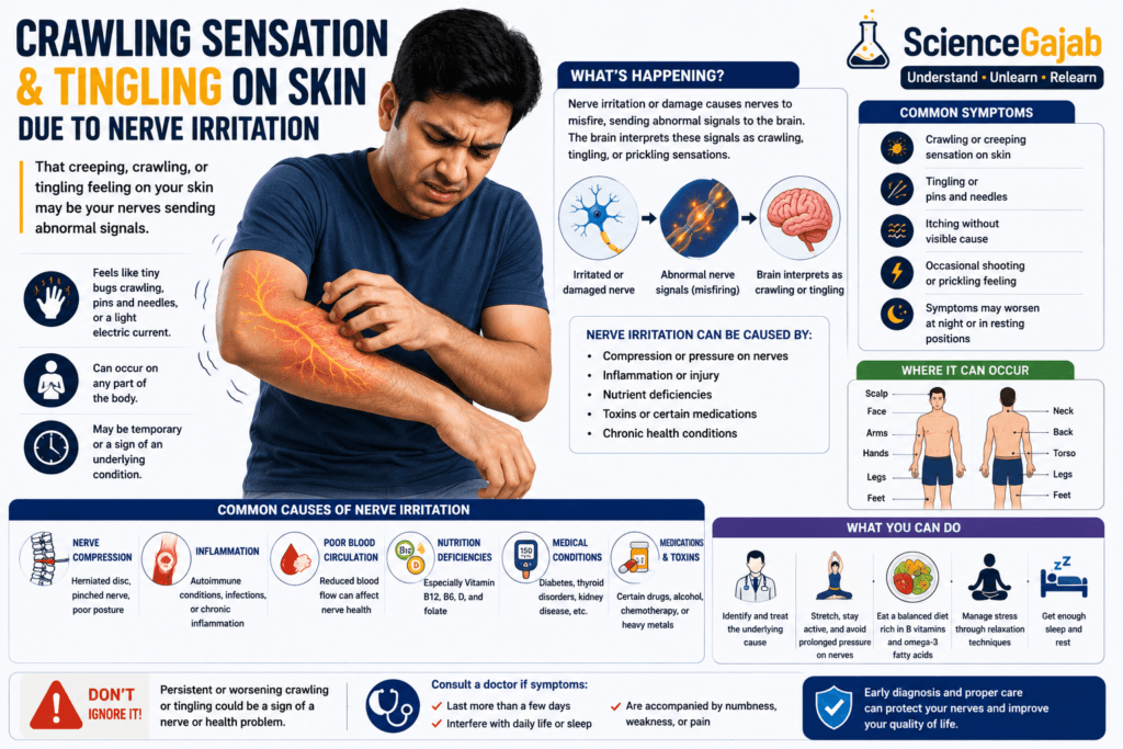 Man scratching his arm while experiencing crawling sensation and tingling on the skin caused by nerve irritation, with glowing nerve pathways, symptom explanations, body diagrams, and common causes like nerve compression, inflammation, vitamin deficiencies, and stress