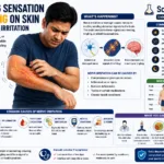 Man scratching his arm while experiencing crawling sensation and tingling on the skin caused by nerve irritation, with glowing nerve pathways, symptom explanations, body diagrams, and common causes like nerve compression, inflammation, vitamin deficiencies, and stress