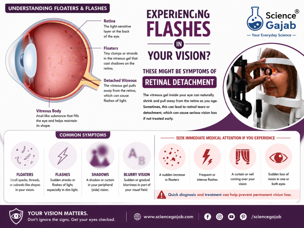 Medical infographic about eye floaters, flashes, and retinal detachment showing a detailed cross-section of the eye with vitreous detachment and retinal shadows, alongside a patient having an eye examination. The poster explains common symptoms such as flashes of light, blurry vision, floaters, shadows, and sudden vision loss in a purple-and-white