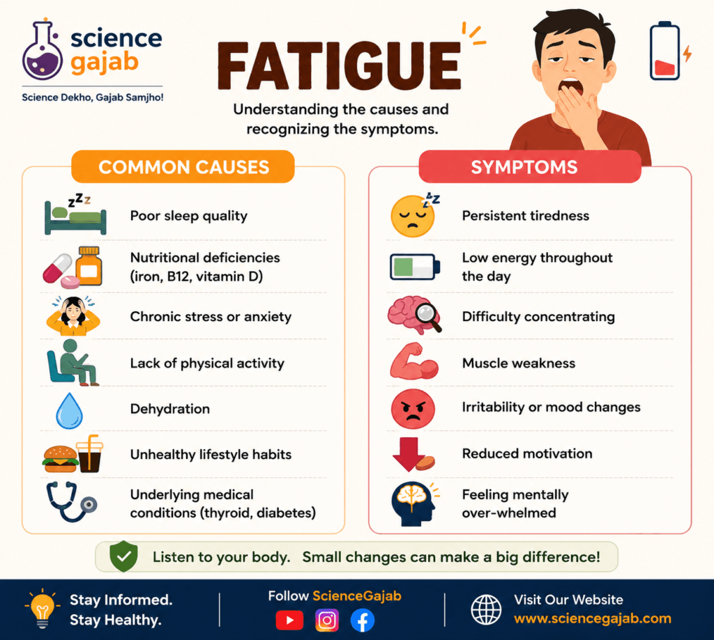 Educational fatigue infographic with ScienceGajab branding showing common causes and symptoms of fatigue. The poster includes causes like poor sleep, nutritional deficiencies, stress, dehydration, unhealthy lifestyle habits, and medical conditions, alongside symptoms such as persistent tiredness, low energy, muscle weakness, difficulty concentrating, irritability, and reduced motivation. Colorful health icons and a tired cartoon character appear in a clean medical-style layout.
