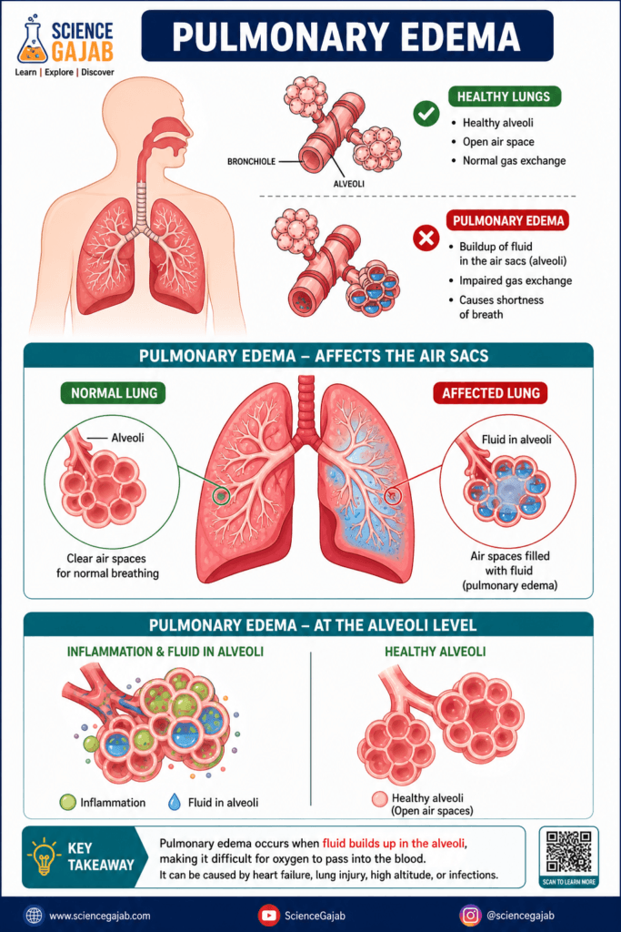 Pulmonary edema infographic showing fluid buildup in alveoli, comparison of healthy and affected lungs, impaired gas exchange, and alveolar inflammation, with labeled diagrams of bronchioles, air sacs, and oxygen flow, designed with ScienceGajab branding.
