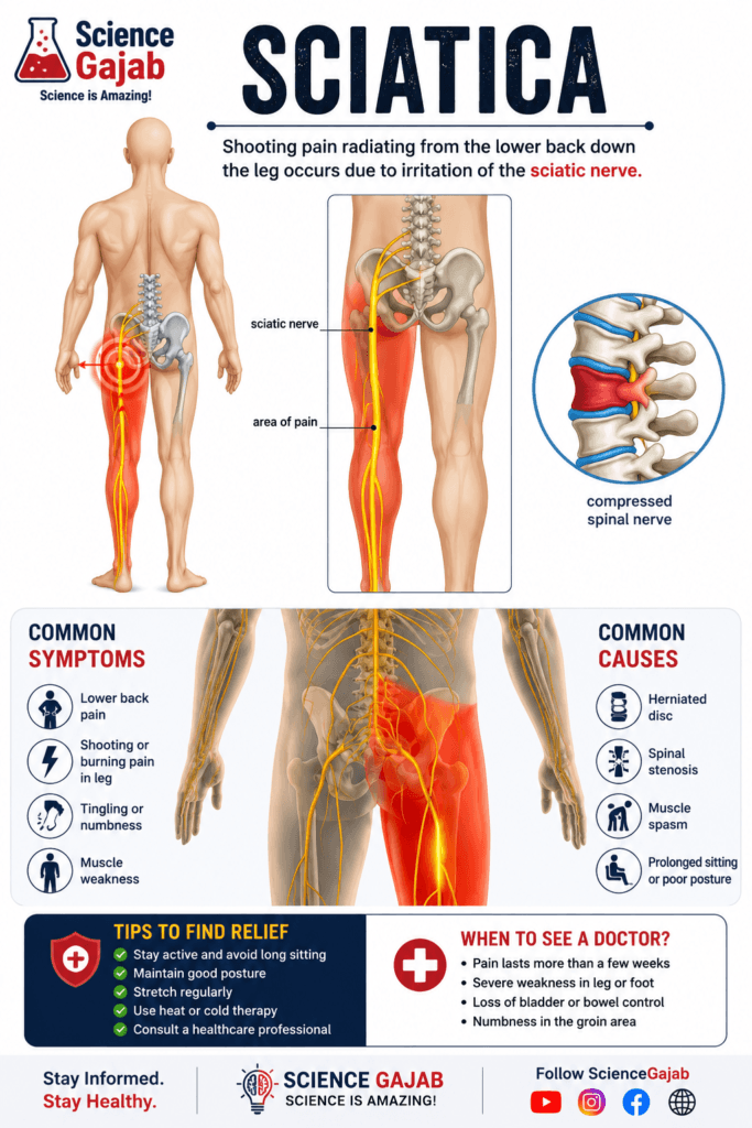 Medical infographic about sciatica showing the sciatic nerve pathway from the lower back down the leg with highlighted pain areas in red. Includes anatomical illustrations of compressed spinal nerve, symptoms like lower back pain, tingling, numbness, muscle weakness, and common causes such as herniated disc and spinal stenosis.1