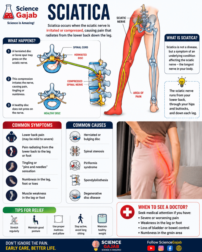 Educational sciatica infographic showing the sciatic nerve pathway from the lower back down the leg with highlighted pain areas in red. Includes diagrams of herniated disc, compressed spinal nerve, common symptoms like lower back pain, tingling, numbness, muscle weakness, and a woman holding painful hip and leg area. Features causes, relief tips, warning signs,