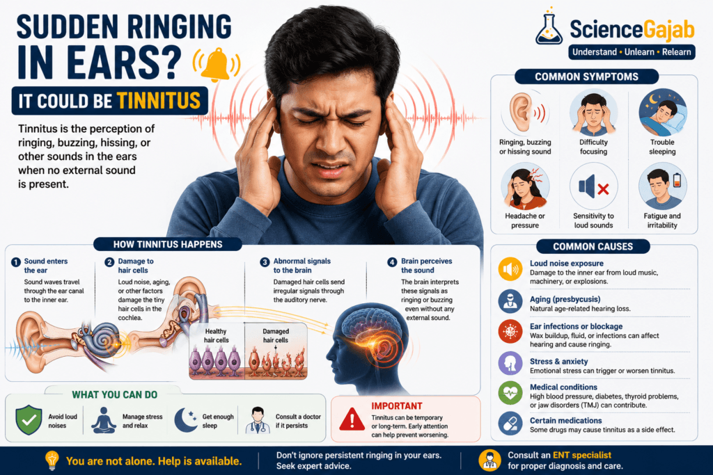 Man holding both ears while experiencing sudden ringing and tinnitus symptoms, with sound wave effects, ear anatomy diagrams, damaged hair cell illustrations, and sections explaining common symptoms, causes, and management tips